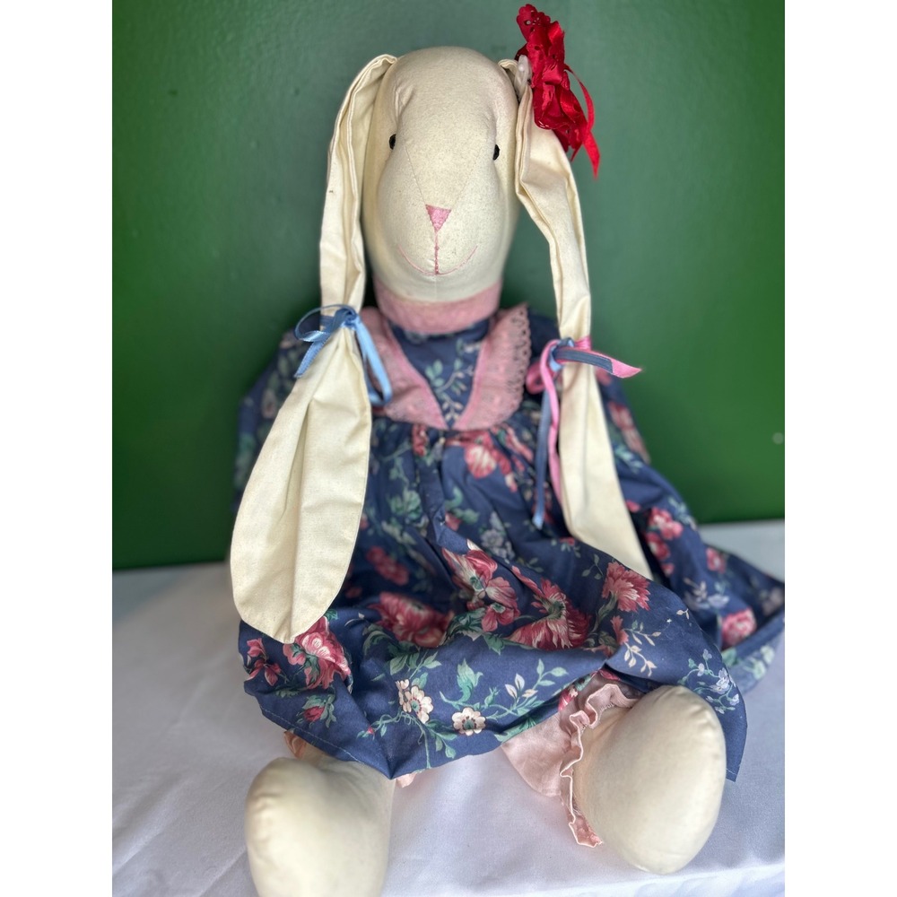 Vintage Handmade Cloth Rabbit Doll Floral Dress Lace Bloomers Primitive 22 Inch